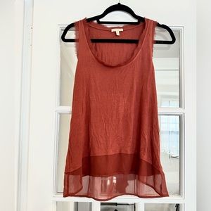 Anthropologie Bordeaux tank with sheer panel and frayed trim. Rust color, size S